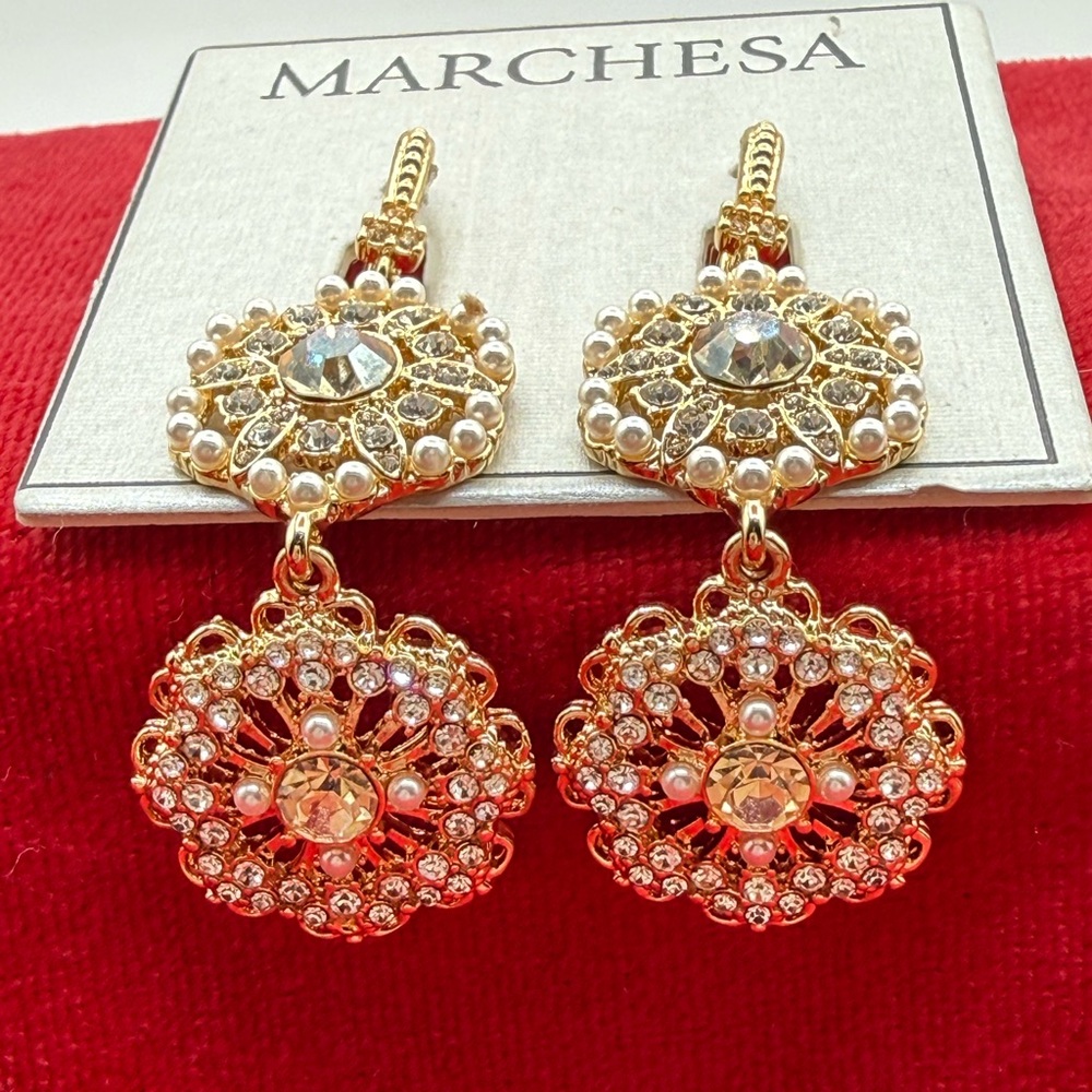 Marchesa Gold-Tone Crystal & Imitation Pearl Flower Double Drop Earrings - Picture 9 of 13